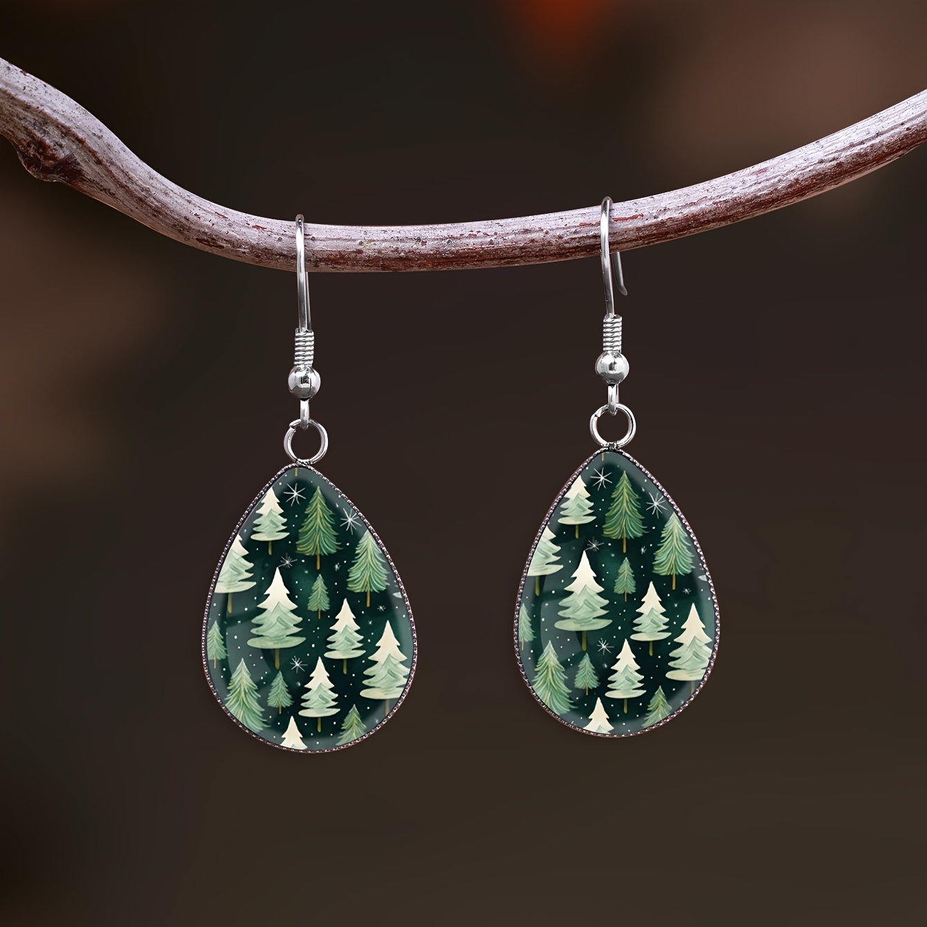 Women's Deep Green Forest Pattern Stainless Steel Water Drop Earrings